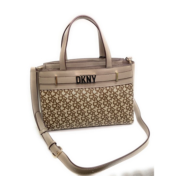 DKNY Purse Beckett Satchel Brown Beige Leather Crossbody Bag Top Handle Handbag - Picture 3 of 9